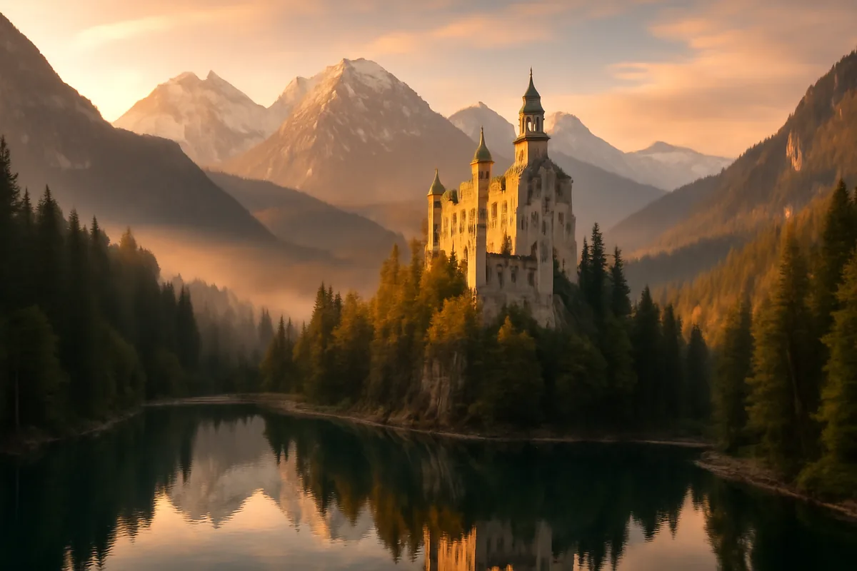 A breathtaking panoramic view of the Bavarian Alps featuring a storybook castle on a hilltop, lush pine forests, and a reflective mountain lake under golden evening light.