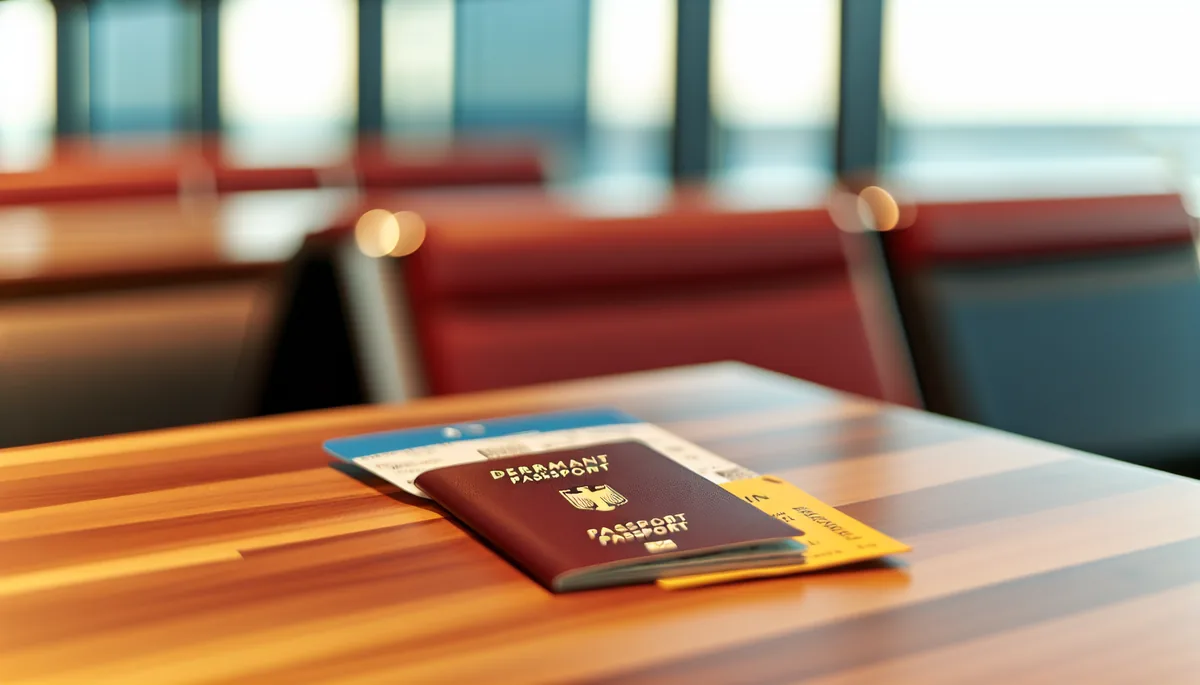 German passport and boarding pass arranged on wooden surface at airport with soft natural lighting