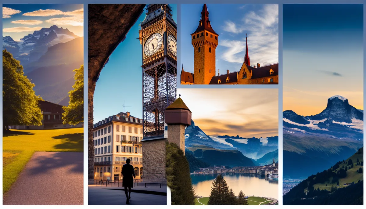 Panoramic view of famous European landmarks including Big Ben, Eiffel Tower, and Swiss Alps during golden hour