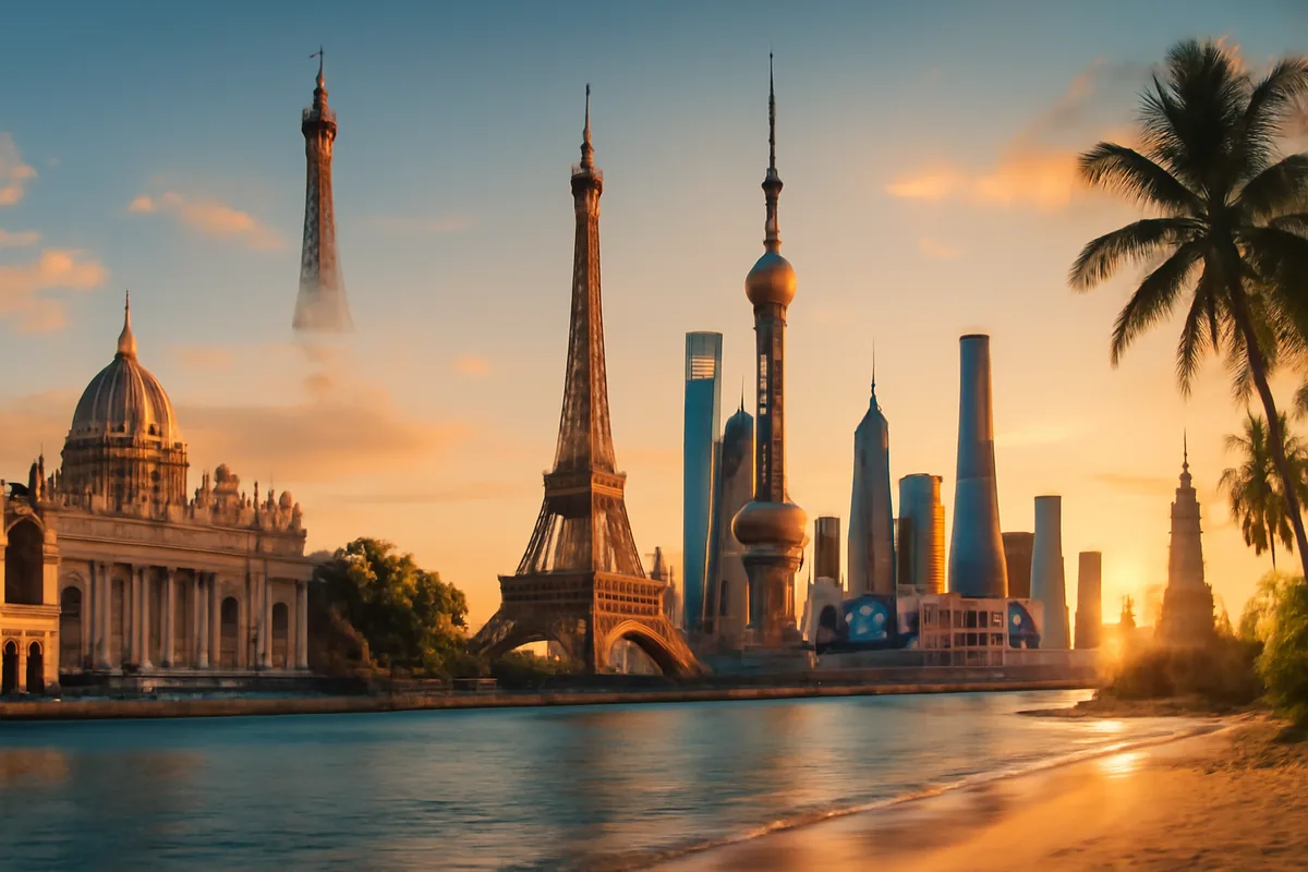 A sweeping panoramic travel scene blending iconic global destinations including European architecture, Asian skylines, and tropical beaches bathed in warm golden hour light.