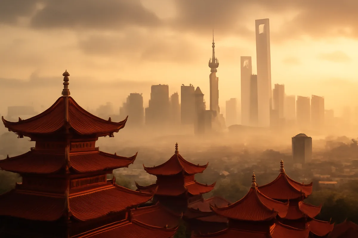 A sweeping panoramic view of a Chinese city at golden hour, blending traditional red pagoda architecture with towering modern skyscrapers under a misty morning sky.