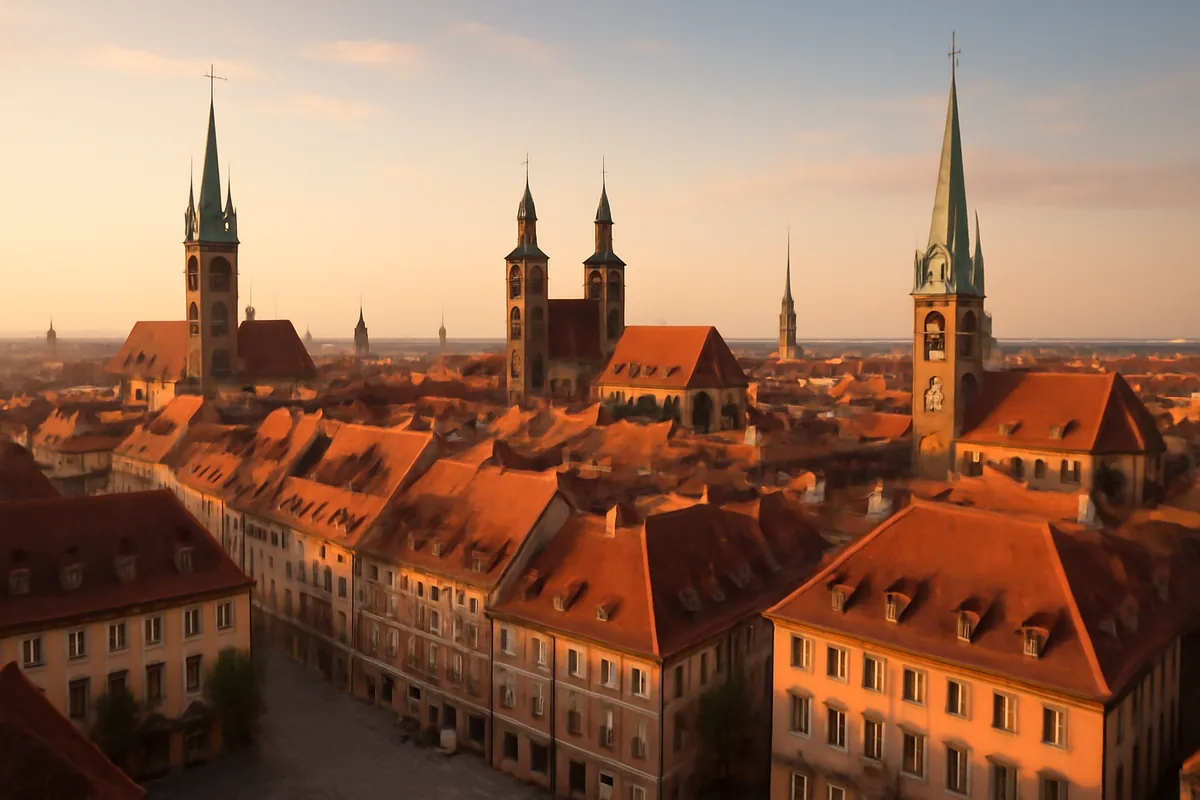 A panoramic golden hour view of a charming European city skyline featuring historic architecture, church spires, and terracotta rooftops bathed in warm amber light