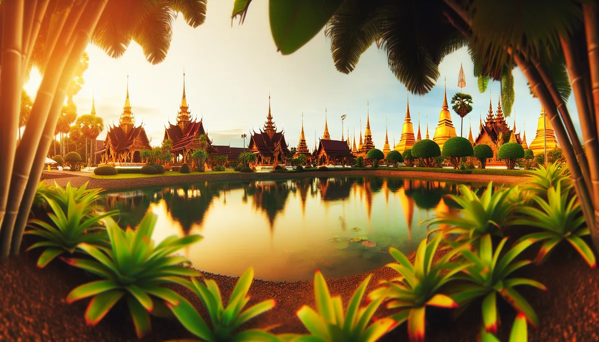Golden Thai temple with ornate spires reflected in calm water at sunset, surrounded by tropical greenery