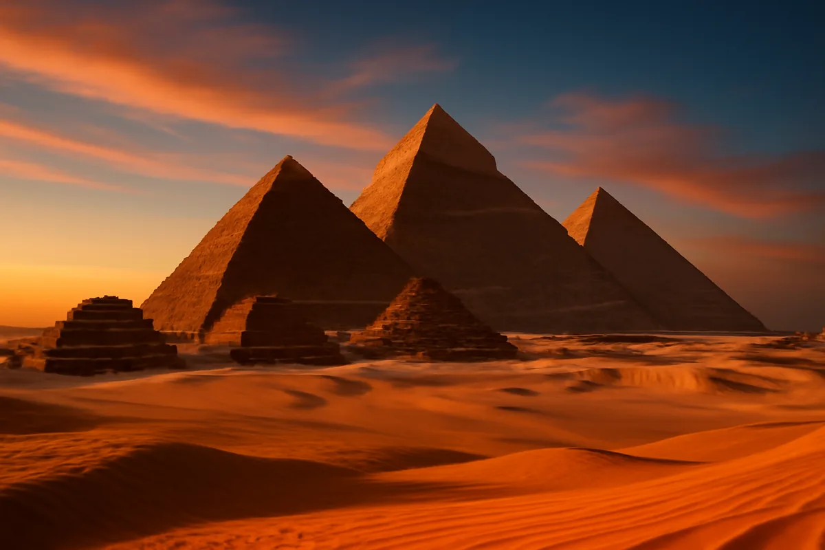 Majestic Egyptian pyramids at Giza during golden hour with warm desert landscape and dramatic sunset sky