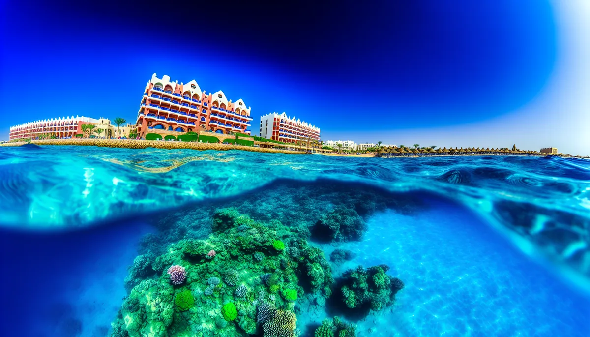 Crystal clear turquoise waters of the Red Sea showing coral reefs beneath the surface, with luxury resort buildings visible along the Egyptian coastline under bright blue skies