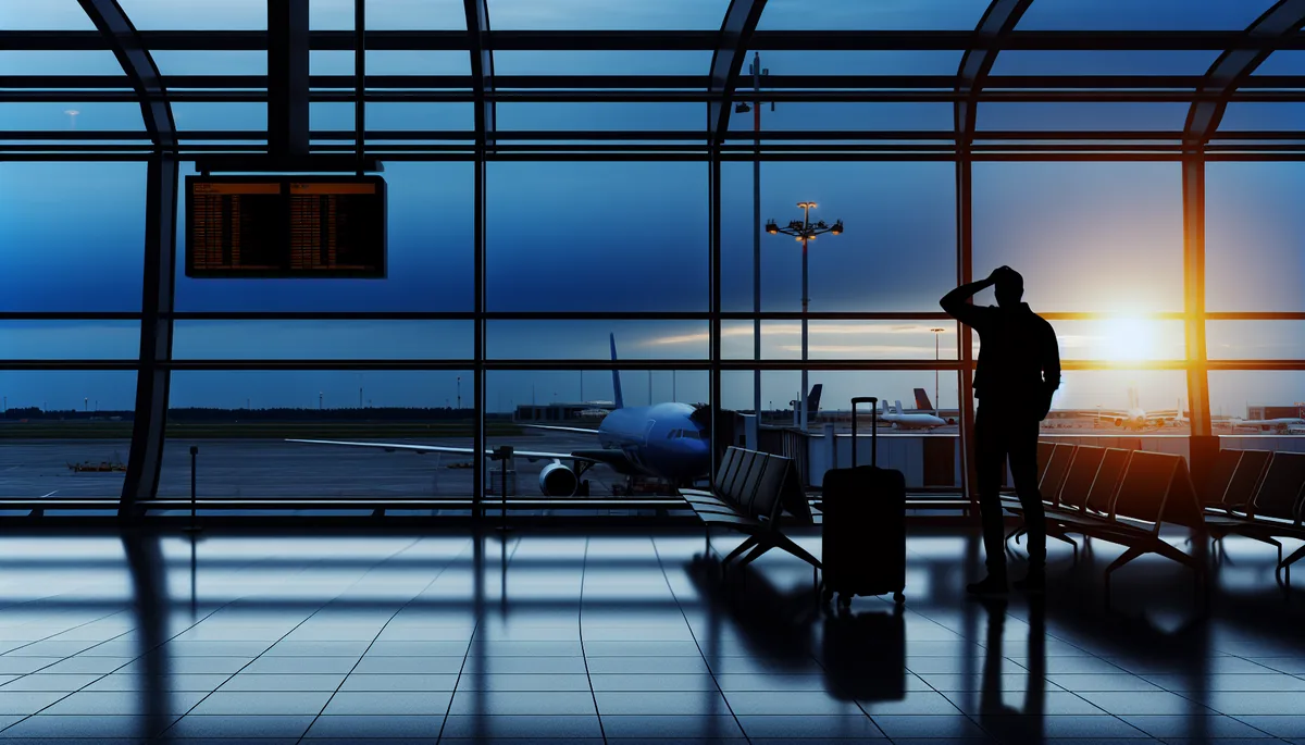Silhouette of a traveler standing at an airport terminal window with planes visible on the tarmac under a dramatic cloudy sky