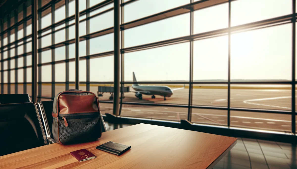 Travel essentials including backpack and passport arranged on wooden surface at airport with planes visible through windows in background