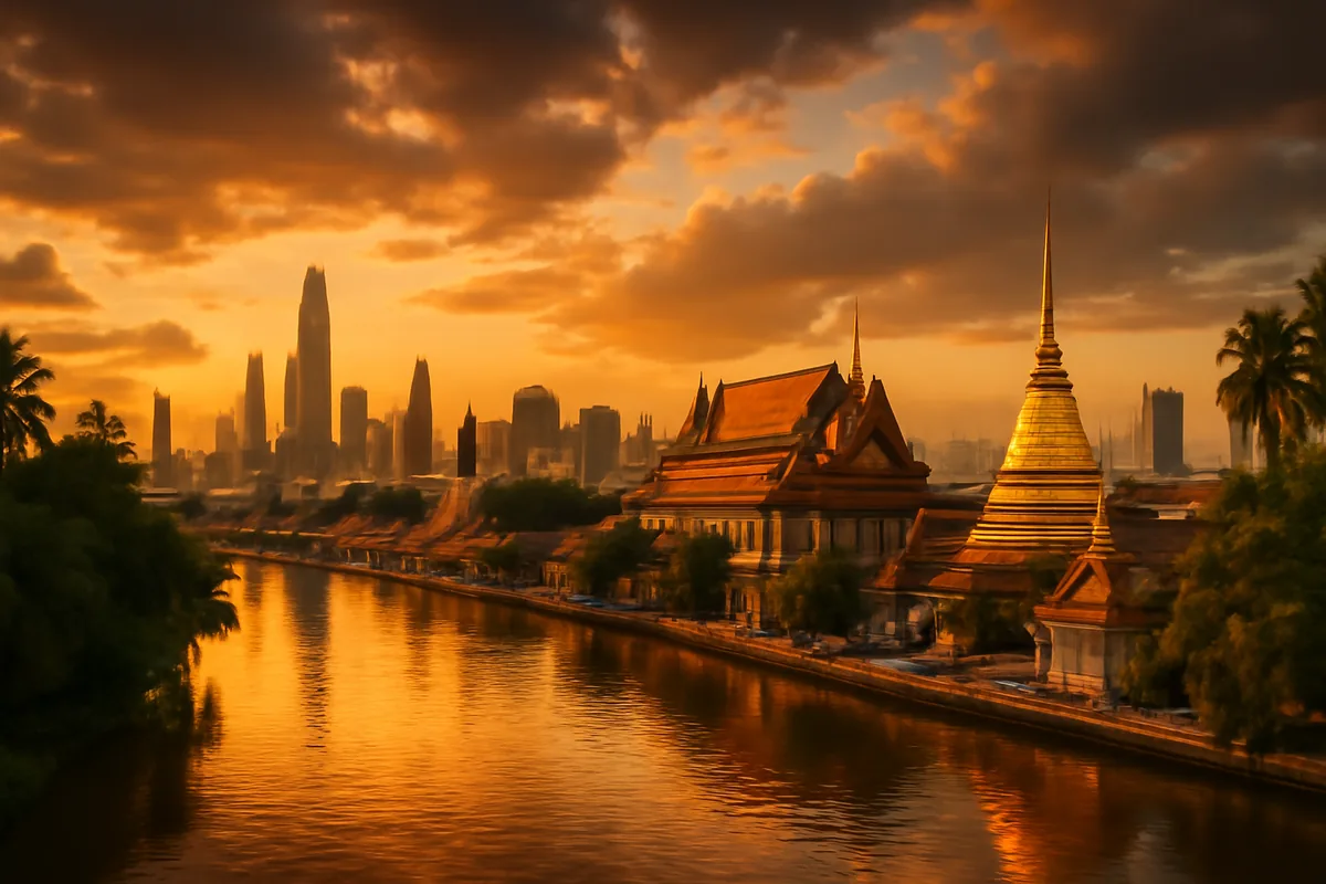 A sweeping golden hour panorama of an Asian city blending traditional temple architecture with a modern skyline, reflected in a calm river surrounded by tropical greenery.
