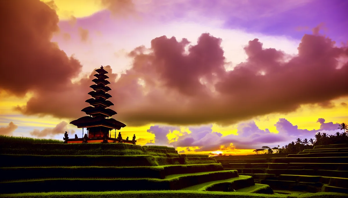 Beautiful Balinese temple overlooking lush green rice terraces at sunset with dramatic golden sky