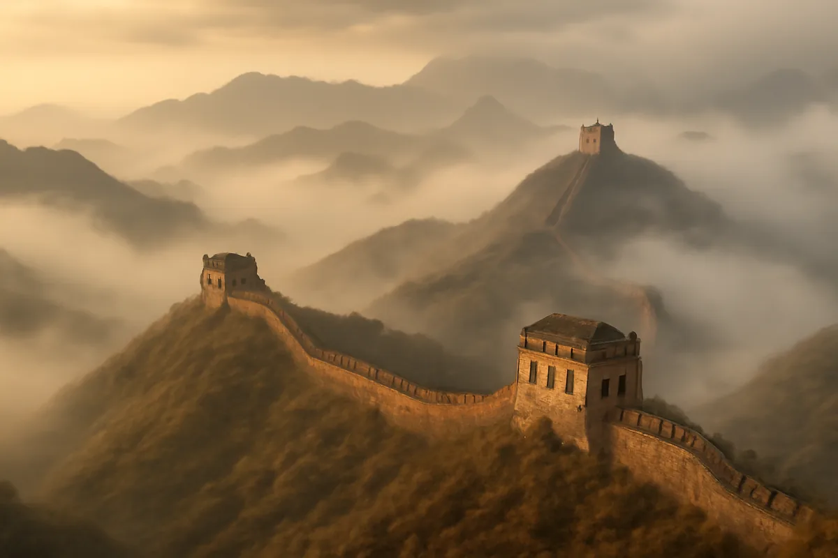 The Great Wall of China winding across misty mountain ridges at golden hour, with ancient watchtowers fading into the atmospheric haze