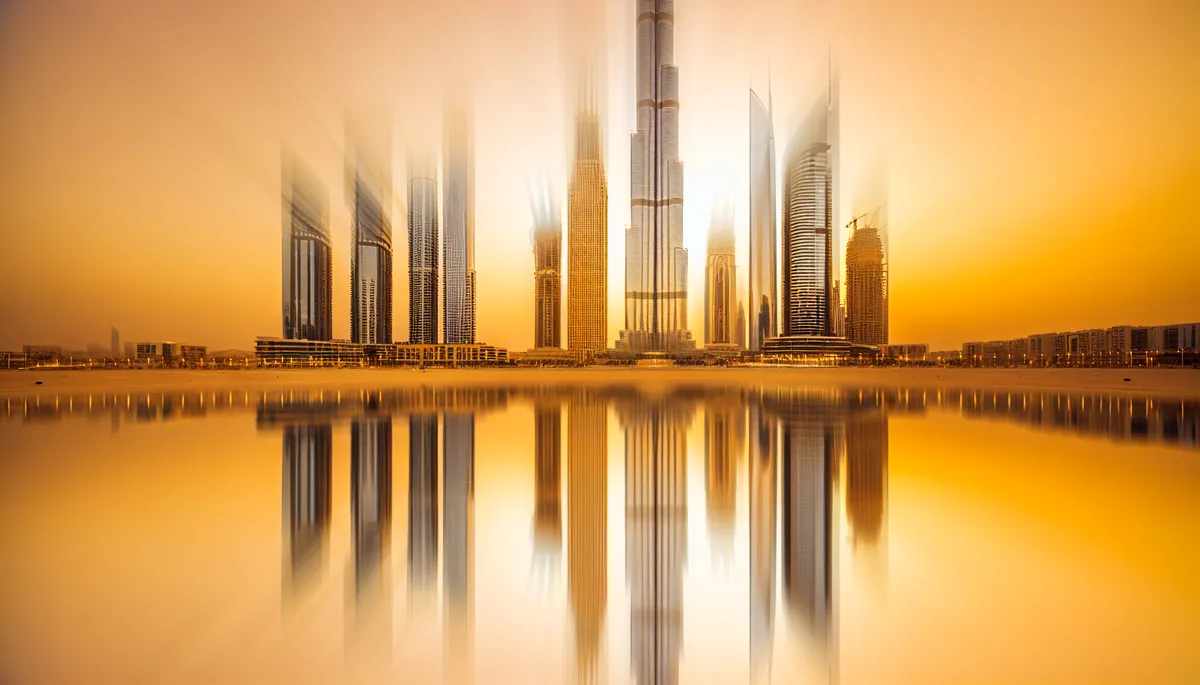 Dubai skyline featuring the Burj Khalifa and modern skyscrapers reflected in water during golden hour