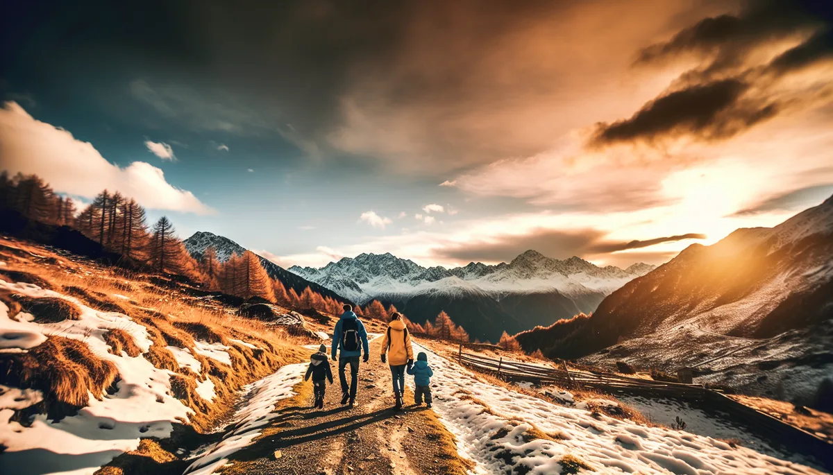 Family silhouettes hiking together on a mountain trail with Alpine peaks in the background during golden hour