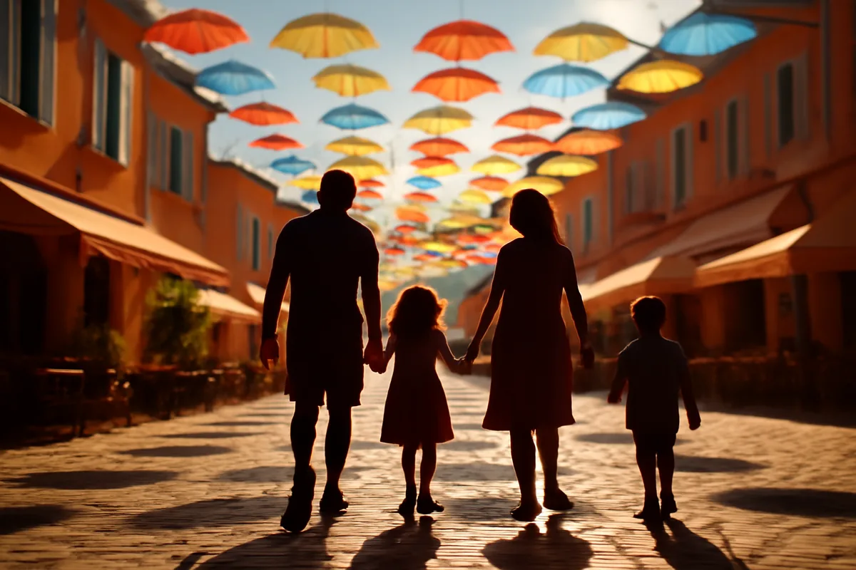 Family silhouettes strolling through a sunny European cobblestone plaza with colorful café terraces and warm golden hour lighting