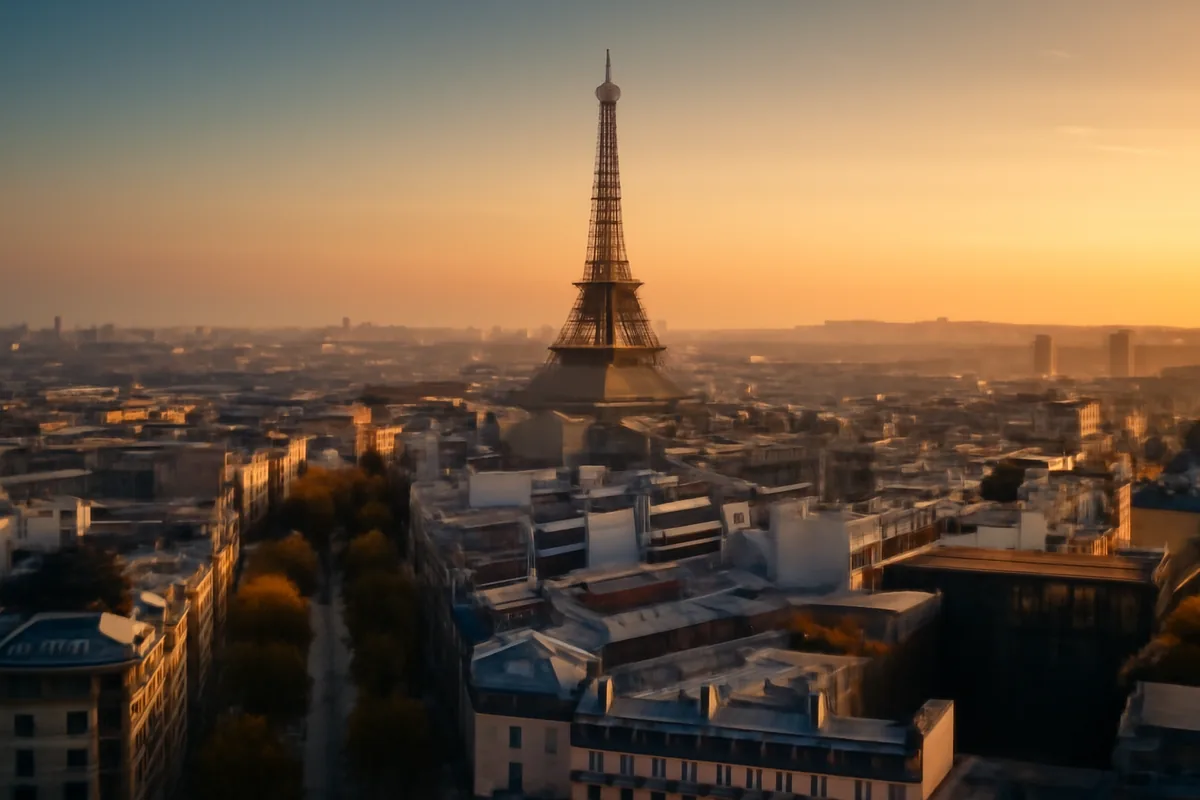 Aerial view of Paris at golden hour with the Eiffel Tower prominently rising above classic Haussmann rooftops and the Seine river winding through the city in the background