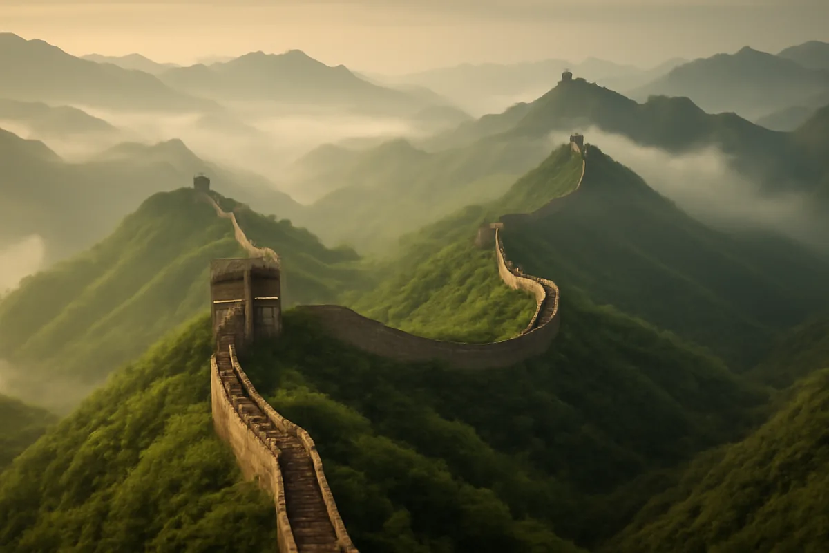 Aerial view of the Great Wall of China stretching across forested mountain ridges in morning mist with golden sunlight
