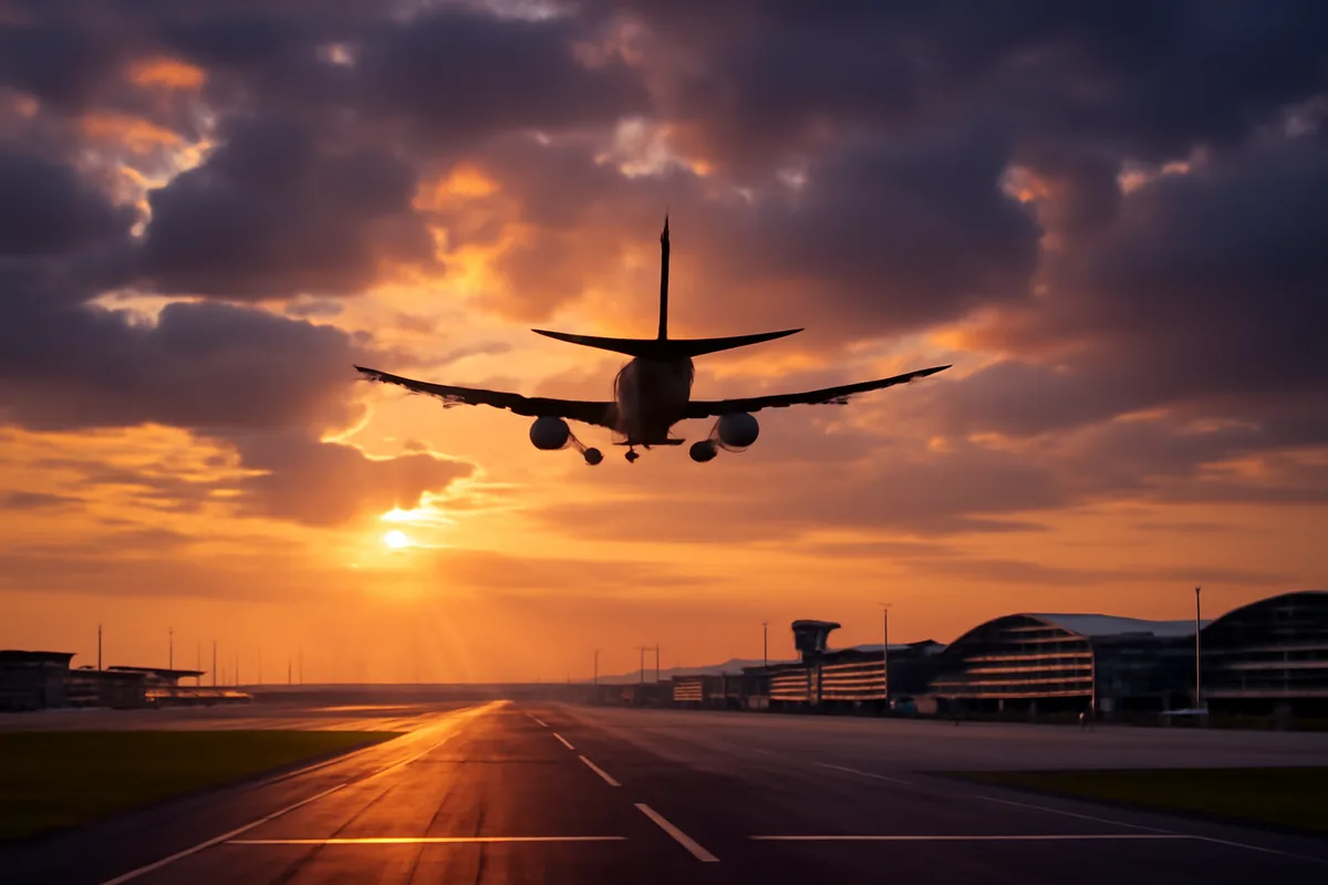 Commercial airplane landing at an international airport during golden hour with dramatic sky and terminal buildings in the background