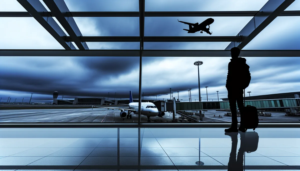 Silhouette of a traveler standing at an airport terminal window looking out at planes on the tarmac under a moody, overcast sky