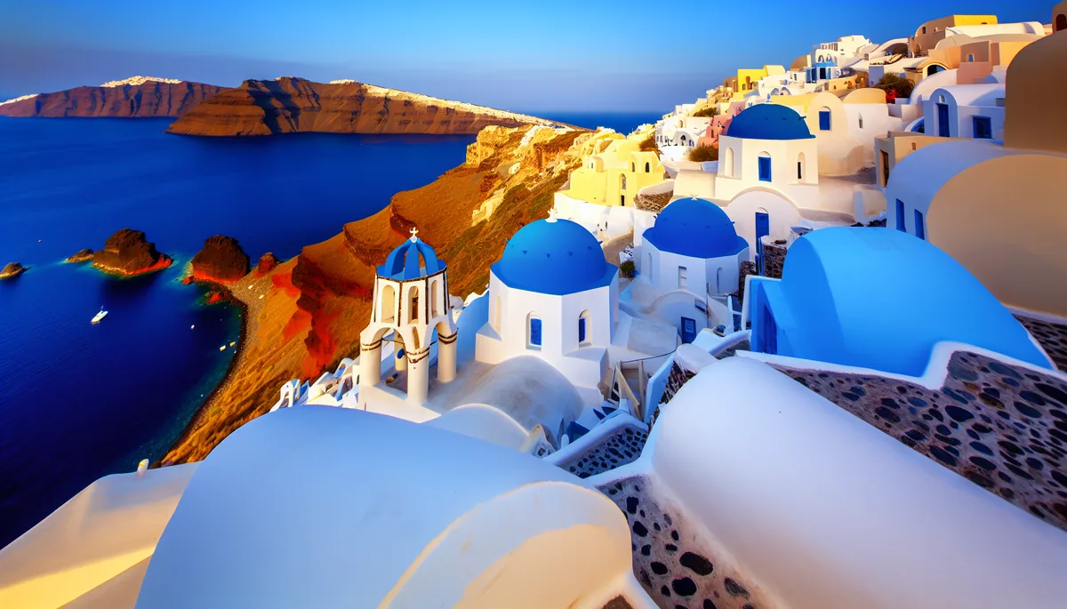 Stunning view of traditional Greek island architecture with white buildings and blue domes perched on clifftops above the deep blue Aegean Sea