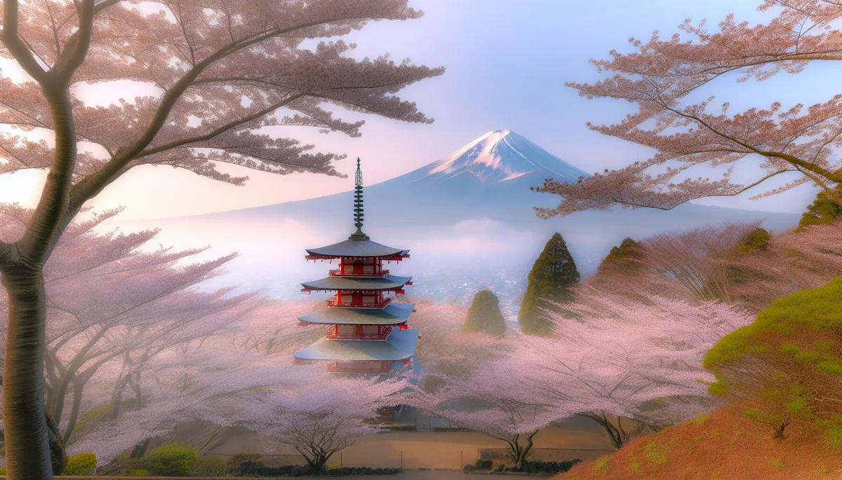 Beautiful cherry blossom trees in full bloom surrounding a traditional Japanese pagoda with Mount Fuji visible in the misty background during spring