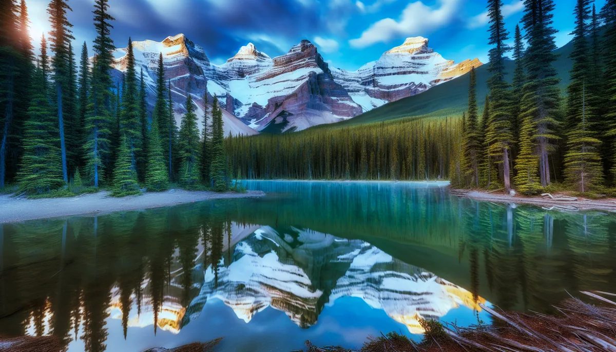 Majestic Canadian Rocky Mountains with snow-covered peaks reflecting in a crystal clear alpine lake, surrounded by dense evergreen forests under dramatic morning lighting