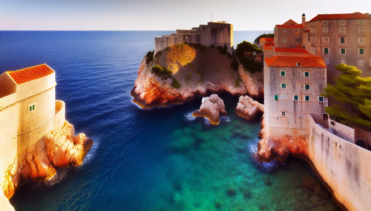 Breathtaking view of Dubrovnik's medieval old town with red-tiled rooftops overlooking the crystal clear turquoise waters of the Croatian Adriatic Sea during golden hour