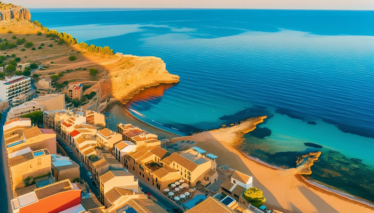 Aerial view of Mallorca's coastline showing turquoise waters, golden beaches, and traditional Spanish architecture with terracotta roofs