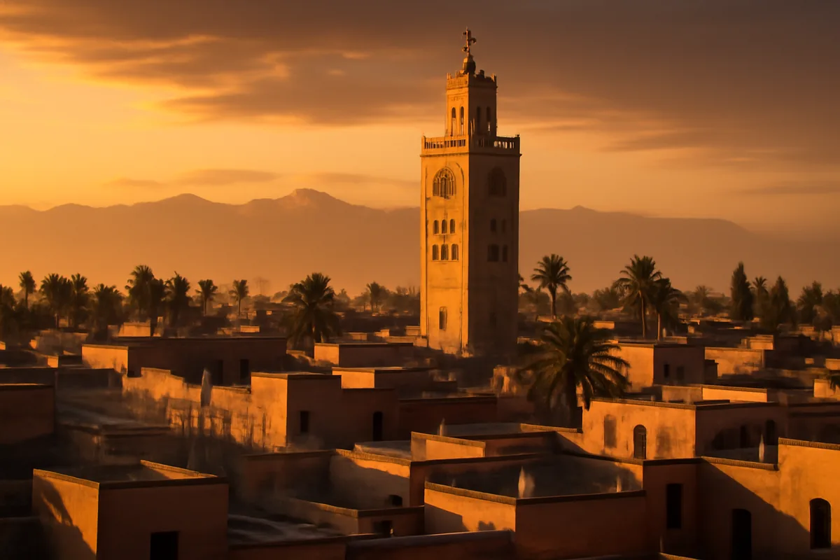 Stunning sunset view of Marrakech's historic Koutoubia Mosque minaret rising above the traditional medina buildings with the Atlas Mountains in the background