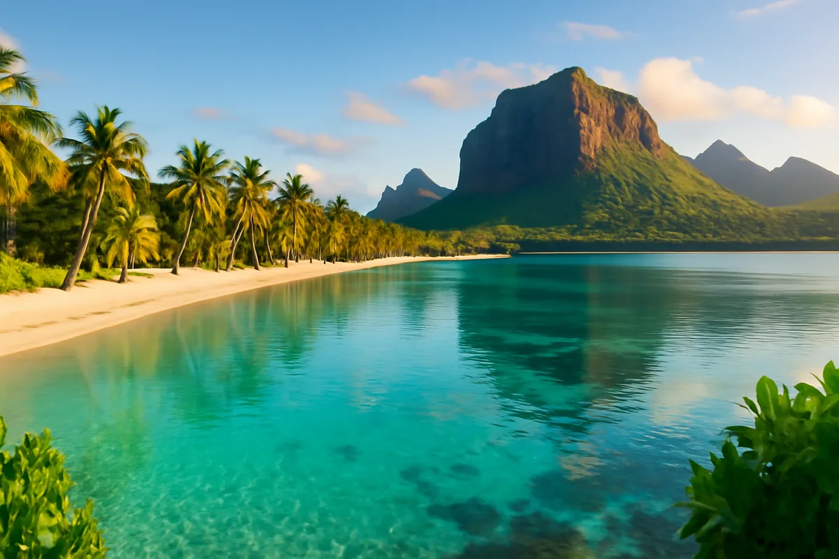 A breathtaking panoramic view of a pristine Mauritius lagoon featuring turquoise waters, white sandy beaches, tropical palm trees, and volcanic mountains under golden hour light.