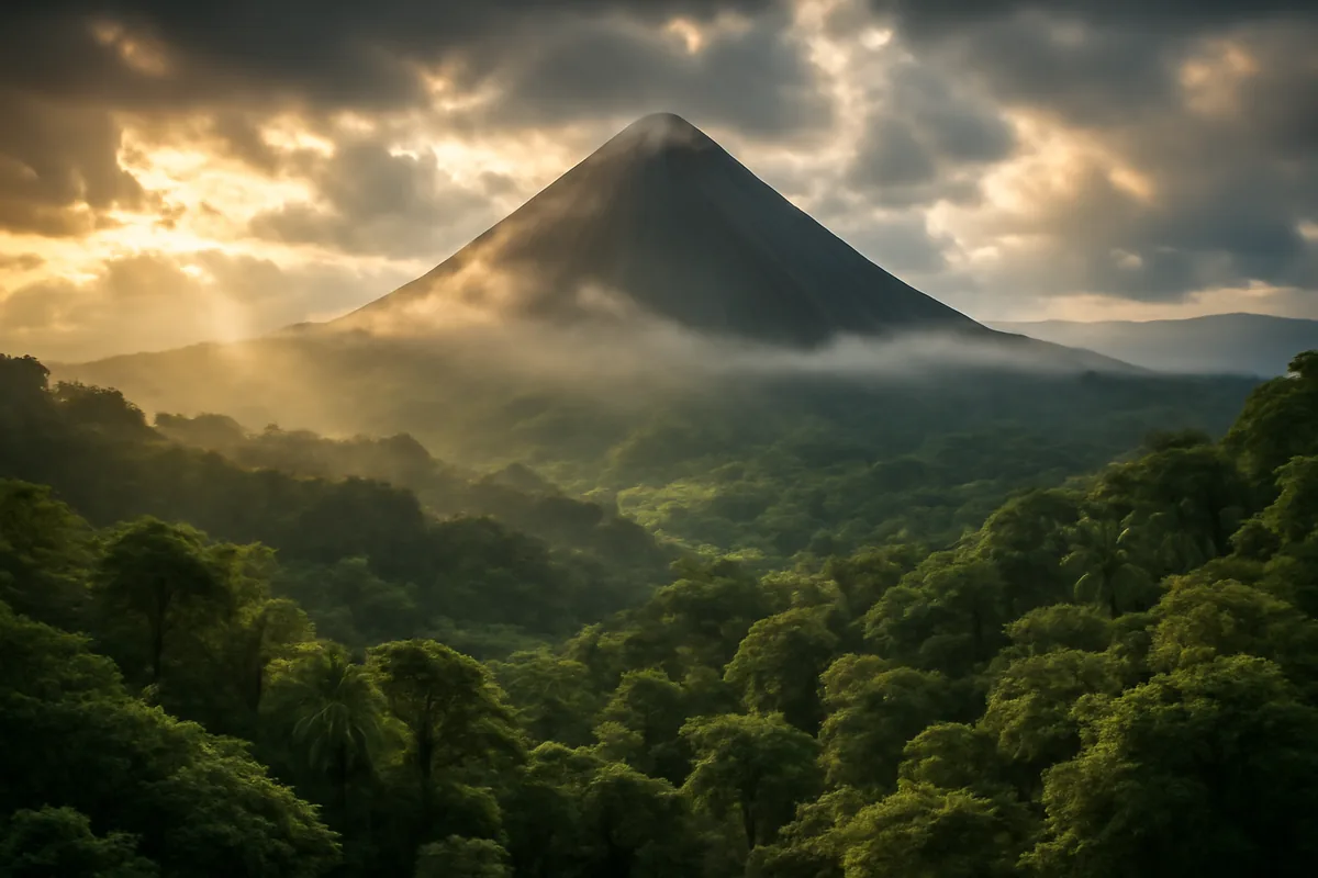 Dramatic volcanic mountain peak emerging from dense tropical rainforest in Central America with misty clouds and golden morning light