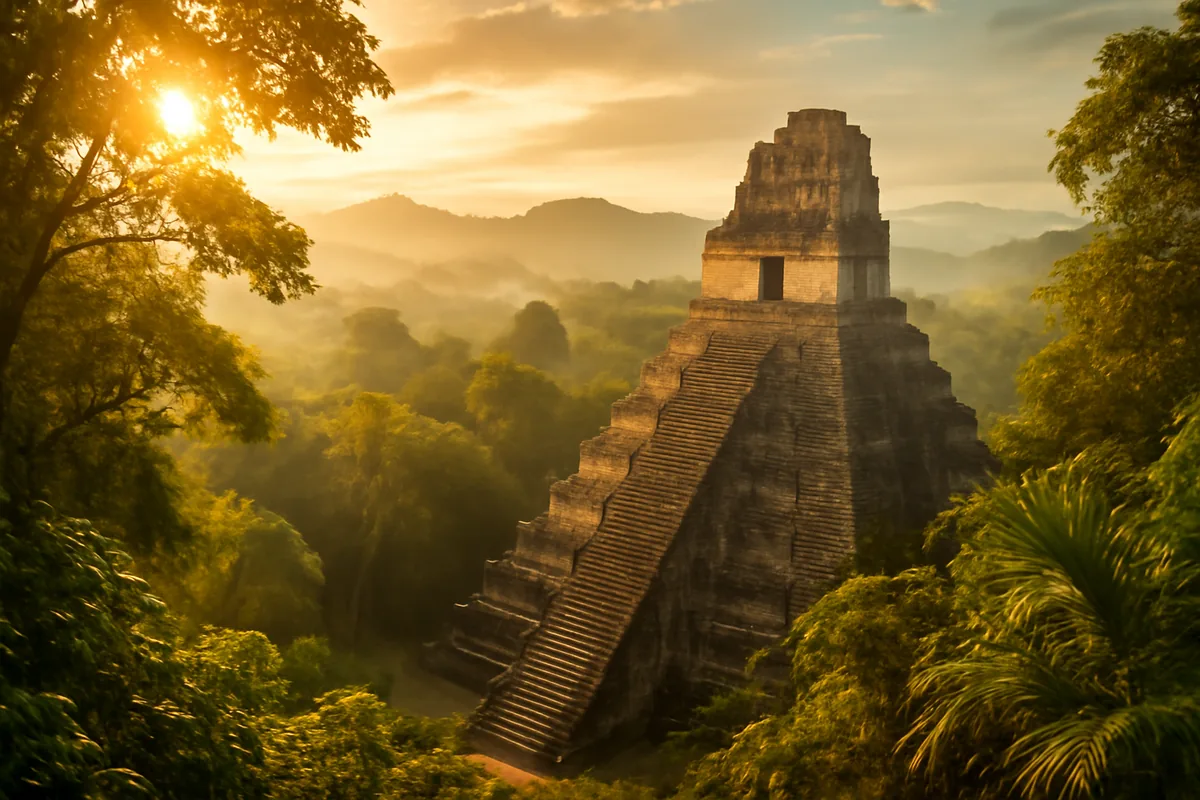 Ancient Mayan temple pyramid surrounded by dense tropical rainforest with misty mountains in the background during golden hour