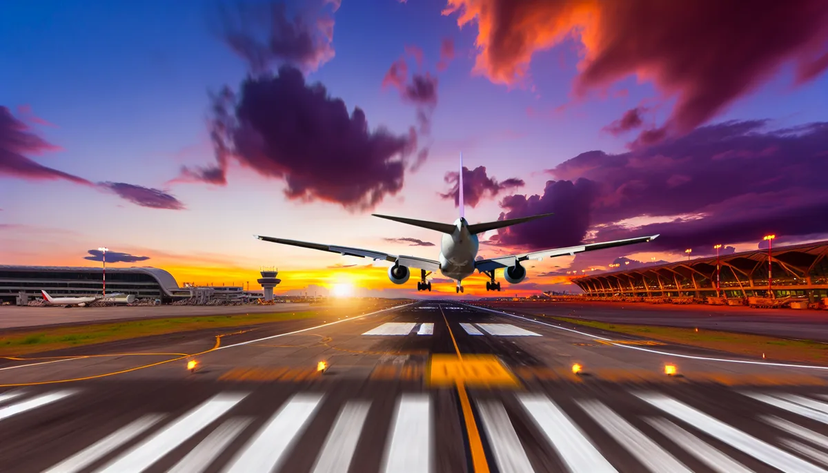 Commercial airplane landing at an international airport during sunset with dramatic golden sky and terminal buildings in the background