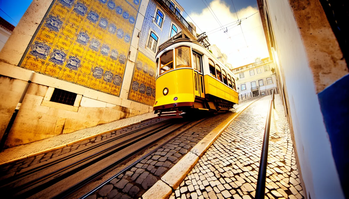 Traditional yellow tram on a steep cobblestone street in Lisbon with colorful Portuguese tile facades and golden hour lighting