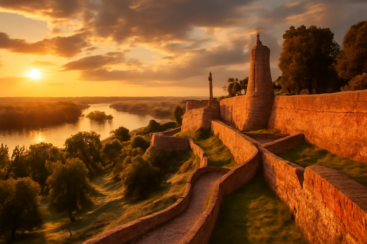 Panoramic view of Belgrade's Kalemegdan fortress at golden hour, with the Sava and Danube rivers meeting in the background under a warm amber sky
