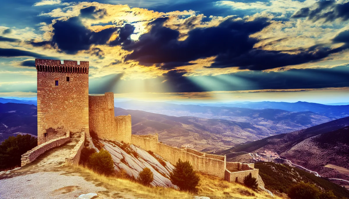 A majestic stone fortress perched on a mountain overlooking a scenic European valley with dramatic lighting, symbolizing security and protection while traveling