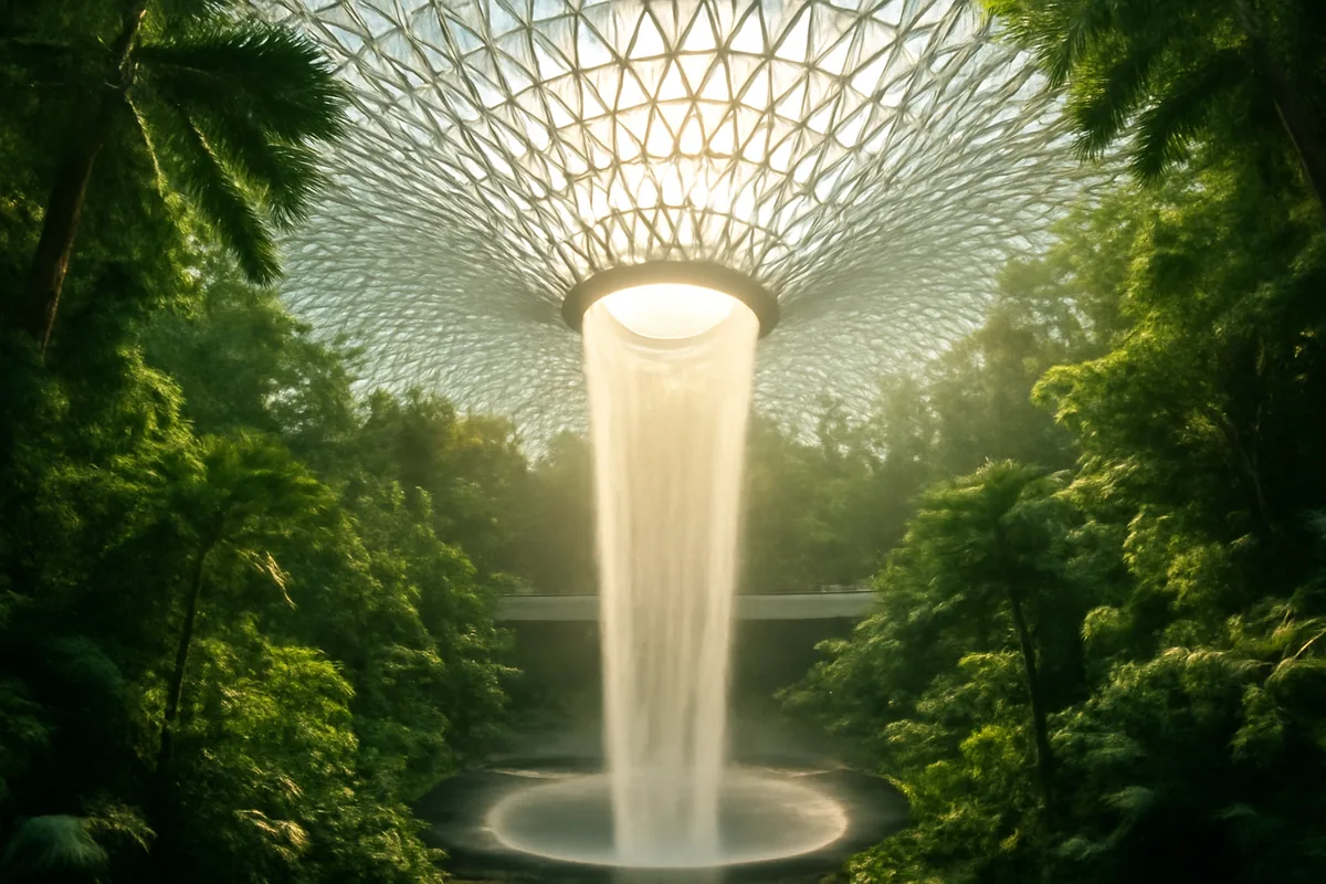 The stunning indoor waterfall and tropical garden inside Jewel Changi Airport in Singapore, bathed in warm natural light filtering through the glass dome ceiling