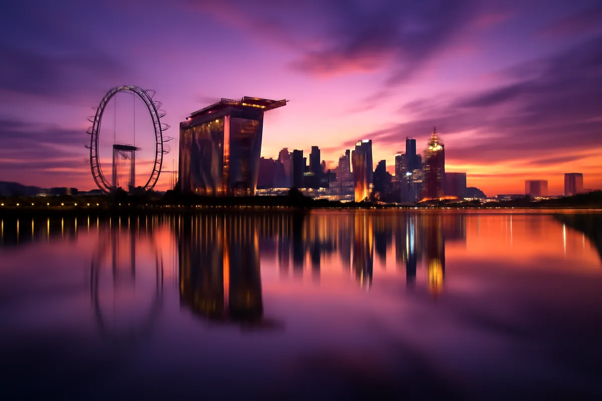 Singapore's modern skyline at sunset featuring Marina Bay Sands and the Singapore Flyer, with colorful twilight reflections in the harbor water