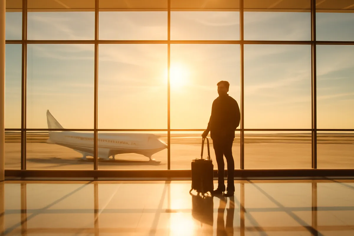A traveler's silhouette standing at a bright airport terminal window with golden afternoon sunlight streaming in, overlooking a runway with aircraft ready for departure on a clear summer day.
