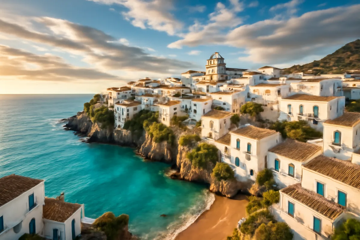 A panoramic view of a picturesque Spanish coastal village with white-washed buildings overlooking the turquoise Mediterranean Sea during golden hour