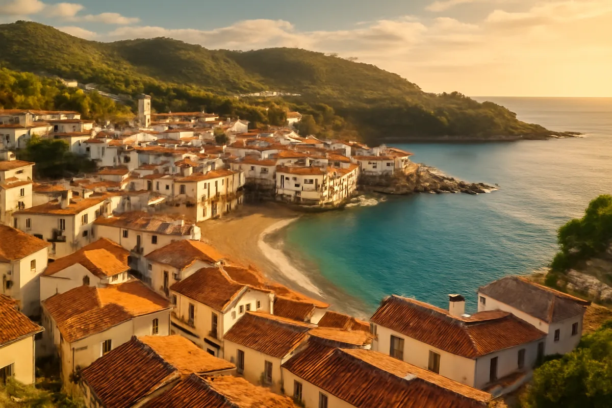 Aerial view of a picturesque Spanish coastal village with white-washed buildings, terracotta rooftops, and turquoise Mediterranean waters bathed in golden sunlight