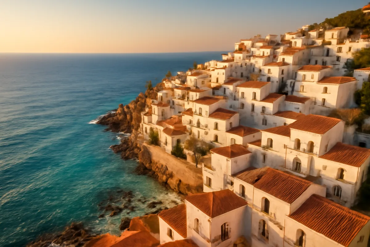 Stunning Mediterranean coastal view of traditional Spanish white buildings with terracotta roofs overlooking turquoise waters during golden hour