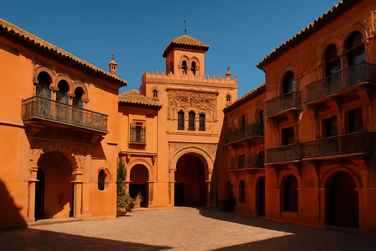 Beautiful Spanish architecture featuring traditional Moorish-influenced buildings with ornate balconies and warm terracotta facades under bright Mediterranean sunlight