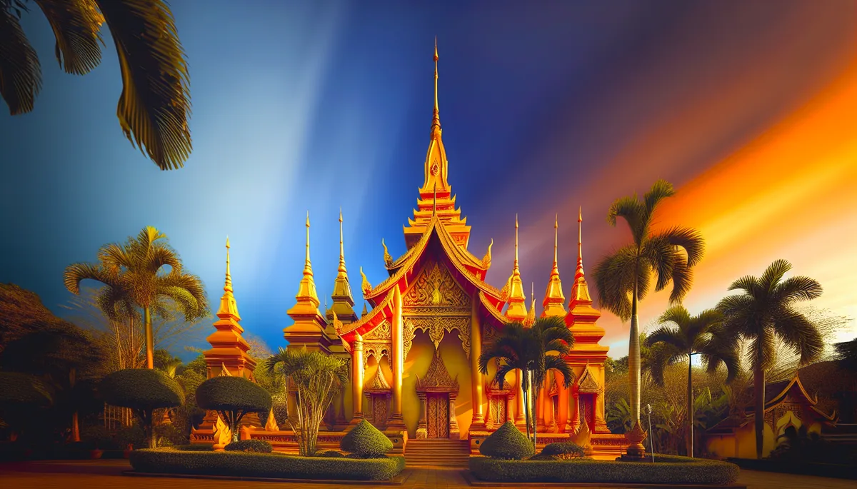 Beautiful Thai temple with golden spires surrounded by tropical vegetation during golden hour