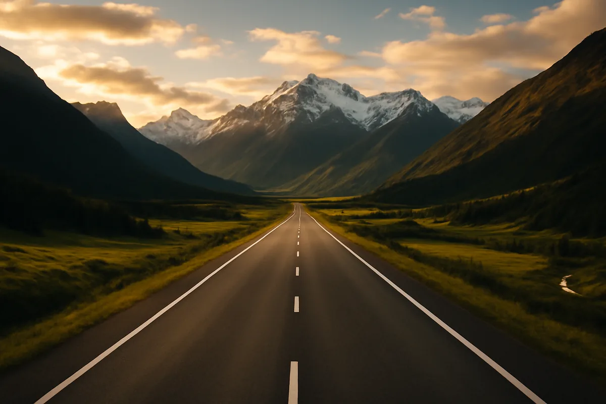 Aerial view of an endless highway cutting through a scenic alpine landscape with snow-capped mountains and golden hour lighting, symbolizing unlimited travel freedom