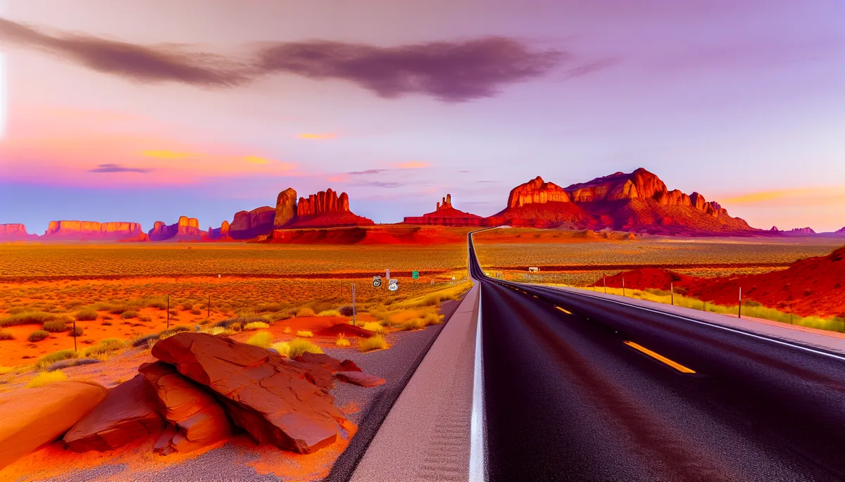 Scenic American highway stretching through desert landscape with red rock formations and mountains in the distance during golden hour