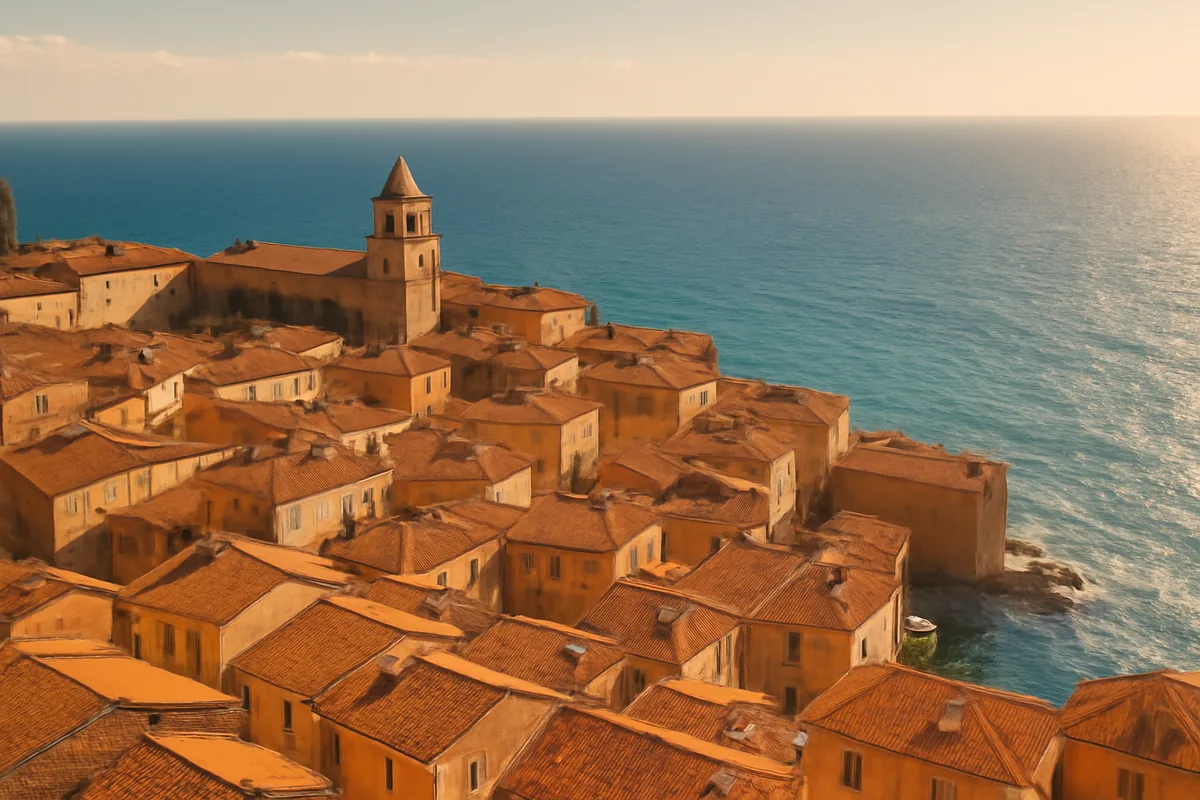Aerial view of a sun-drenched European coastal town with terracotta rooftops overlooking a sparkling blue Mediterranean sea under golden afternoon light.