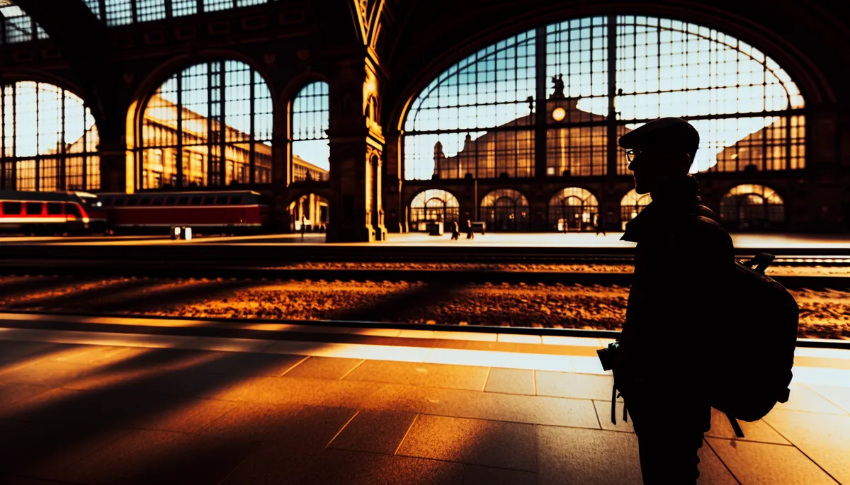 Silhouette of a traveler standing on a European train station platform with classic architecture during golden hour