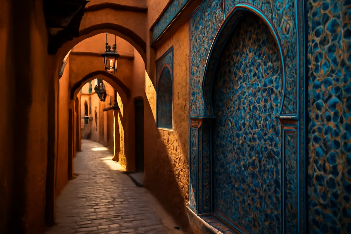 A sunlit Moroccan medina alleyway featuring ornate tilework, terracotta archways, and colorful hanging lanterns bathed in warm golden light