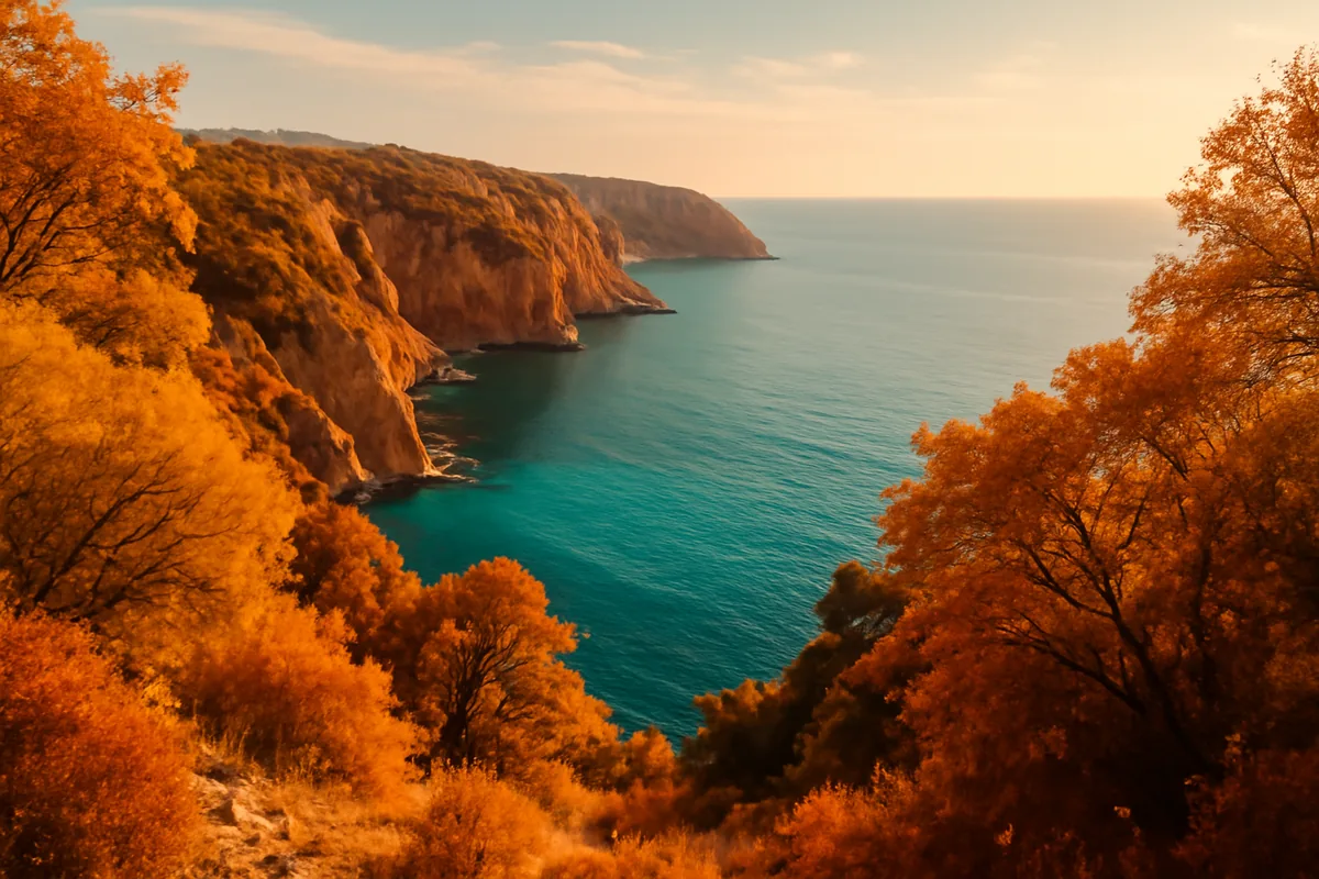 Scenic autumn view of a Mediterranean coastline with golden foliage, dramatic cliffs, and turquoise water under warm golden hour light