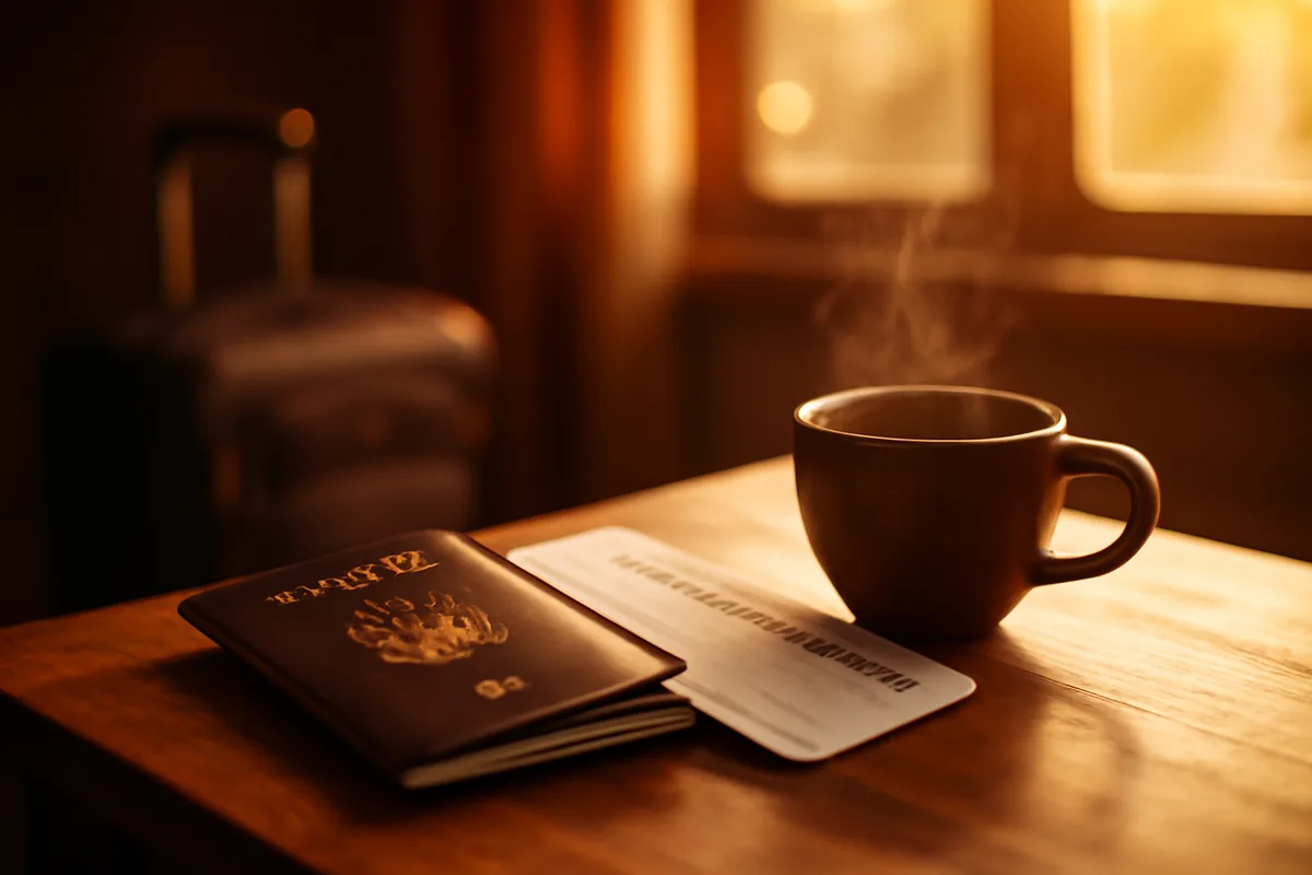 A traveler's passport and boarding pass on a wooden table with a coffee cup in warm morning light, suggesting international travel preparation