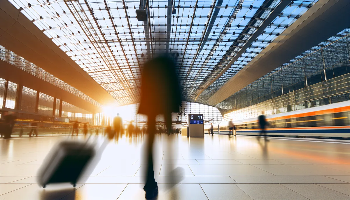Silhouette of a traveler walking through a modern German train station with dramatic lighting and contemporary architecture